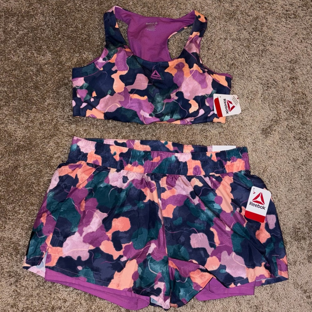 Reebok Purple Pink Navy Camo Athletic Two-Piece Shorts Set